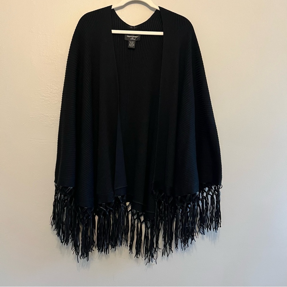 Colette Mordo Poncho Shawl Black Wool Blend One Size Plus leather‎ fringe gothic